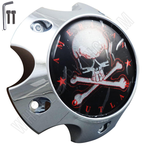 American Outlaw Wheels Chrome / Red Logo Custom Wheel Center Caps # BC-787S (4 CAPS) - Wheelcapking